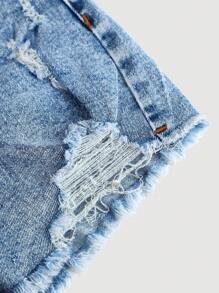 SHEIN Girlism Shorts vaqueros de mezclilla desgastada con bolsillos en diagonal para niñas preadolescentes, conjuntos de ropa de verano para niñas estilo bohemio casual