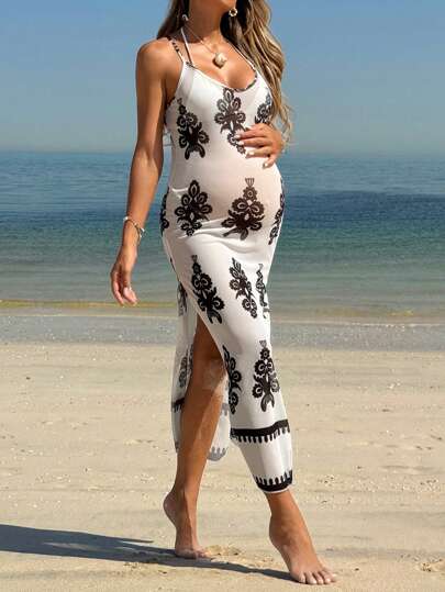 SHEIN Vestido de maternidad con estampado floral y abertura lateral, sin mangas, para usar de vacaciones
