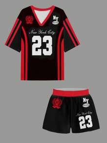 Slaydiva 2pcs/Set Women's Casual Letter Print Short Sleeve T-Shirt And Shorts Sports Outfit, Suitable For Summer - Multicolor - View 4