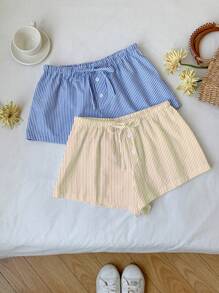 Comfortcana 2 件套女士休闲纽扣和蝴蝶结条纹短裤套装，适合夏季 - 彩色 - 查看 4