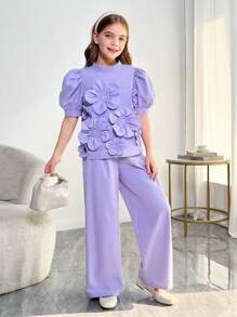 SHEIN Completo da ragazza tween in 2 pezzi: blusa con collo alto, maniche a palloncino e decorazione floreale 3D, pantaloni a vita alta e gamba ampia - Viola - Visualizzare 8