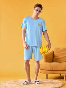 Happy Jammies Elastic Embroidery Round Neck Casual Short Sleeve T-Shirt, Men's Homewear Set