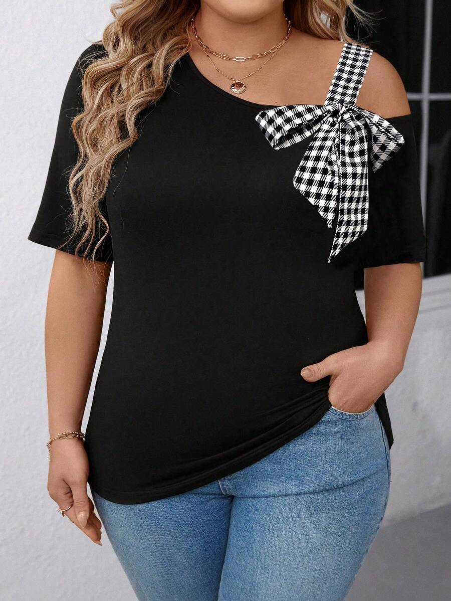 EMERY ROSE Plus Size Women's Plaid Bow Neck Asymmetric Shoulder T-Shirt, Suitable For Casual Outing, Holiday & Travel - Multicolor - View 1