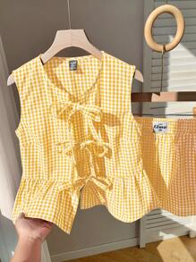 Comfortcana Summer Yellow Plaid Front Tie Bow Top And Shorts Set - Yellow - View 5