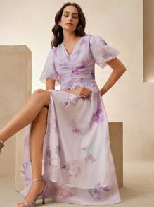 Anewsta Women's Ditsy Floral Summer French Fashion Puff Sleeve V-Neck Cinched Waist Elegant Dress - Purple - View 4