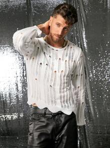 FeverCity Suéter de tejido con manga larga y estilo calado para hombres de la ciudad de la fiebre