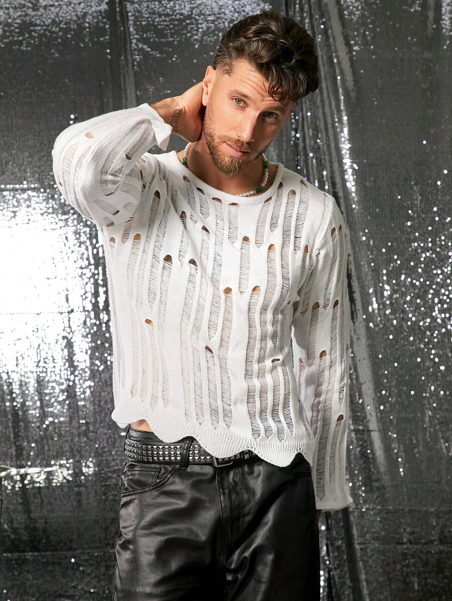 FeverCity Suéter de tejido con manga larga y estilo calado para hombres de la ciudad de la fiebre