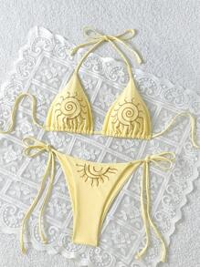Swim Mod Women's Summer Beach Sun Embroidery Halter Tie Sexy Bikini Swimsuit Set - Yellow - View 5