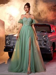 Glamrae Elegant Sage Green Off-Shoulder Lantern Sleeve Lace Waist Sheer Ruffle A-Line Maxi Dress With Side High Slit & Adjustable Strap, Suitable For Date, Vacation, Singles Party, Wedding, School Formal, Formal Evening Gown, For Wedding Guest