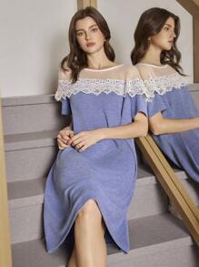SHEIN New Casual Hollow-Out Lace Patchwork Open Shoulder Round Neck Short Sleeve A-Line Nightgown, Summer