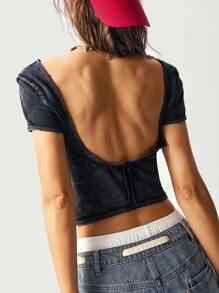 Bohemela Áo thun ôm sát dáng suông màu trơn, chất liệu wash, phong cách Boho mùa hè dành cho nữ. - màu đen - Xem 5