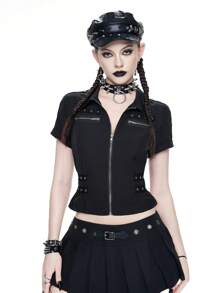 ROMWE Goth Preppy Style Eyelets Design Zip-Up Fitted Women Blouse - Black - View 4