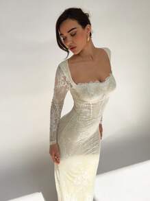 Aloruh 女式秋冬新款性感S形蕾丝长袖紧身方领修身长款派对连衣裙，黑色 - 黃色 - 查看 4