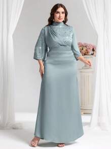 Coutiva Gaun Malam Mewah Ukuran Plus, Gaun Pesta Mewah dengan Hiasan Berlian, Gaun Maxi Gaya Wanita Elegan, Formal, Untuk Tamu Pernikahan - Mint Green - View 3