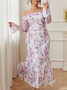 Modelyn Plus Size Women's Mesh Printed Off Shoulder Ruched Spring & Summer Dress, Romantic Style Fall Cloth For Women - Multicolor - View 4