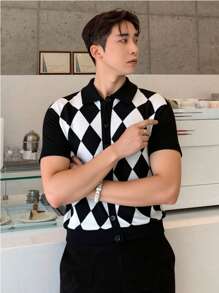 Manfinity CasualKnits Men's Casual Knitwear Polo Shirt With Diamond Pattern Short Sleeve Button-Front Top For Regular Fit And Stylish Look - Multicolor - View 5