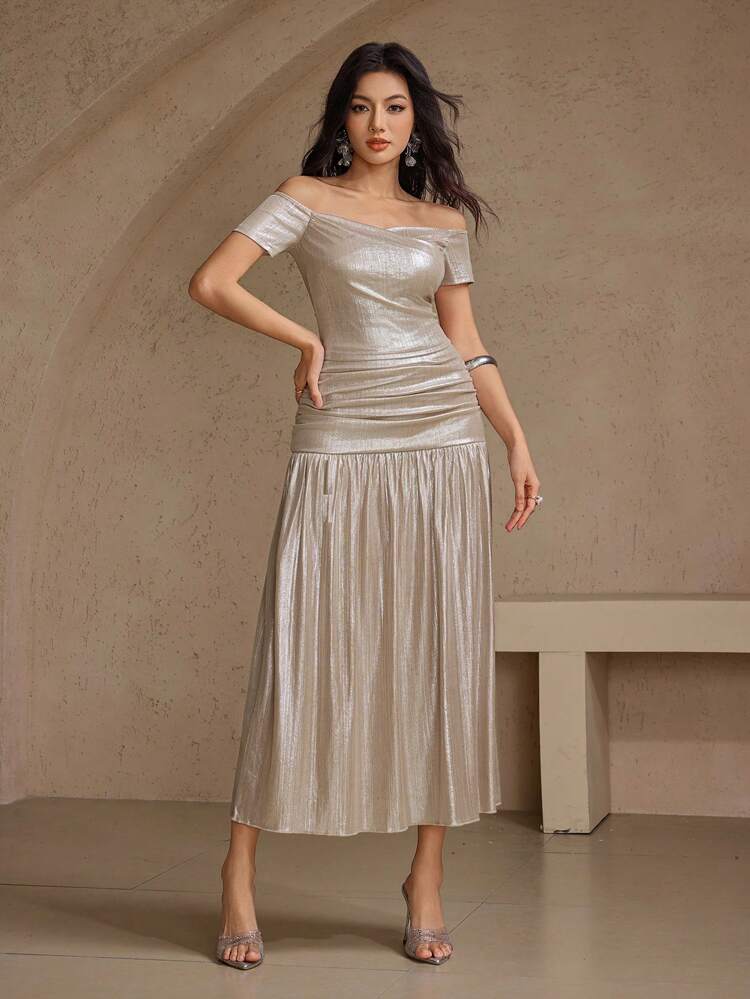 Women Off Shoulder T-Shirt + Shiny Skirt 2Pcs Beach Set, Summer Outfit Women Skirt Birthday Women Clothes Women Plus Clothing Formal Women Casual Dress Women Birthday Outfit
