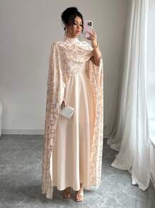 Rafferiza Apricot Foil Elegant Stand Collar Dolman Sleeve Long Dress For Women - Multicolor - View 3