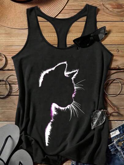 Mellowie Casual Minimalist Cat Silhouette Pastoral Retro Camisole, Suitable For Plus Size Mothers In Summer Back To School