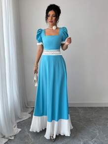 Elenzga Square Neck Ruched Waist Color Block Floral Lace Trim Long Dress - Blue and White - View 3