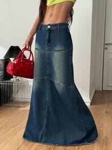 Coolane Women's Fall/Winter  Y2K Back To School Basic Date Night Denim Washed Grunge  Navy Blue Low Rise Maxi Skirts,Denim Skirt,Homecoming,Fall Skirts - Apricot - View 4