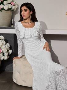 Modelyn Women Elegant Contrast Lace Ruffle Waist Midi Dress - White - View 4