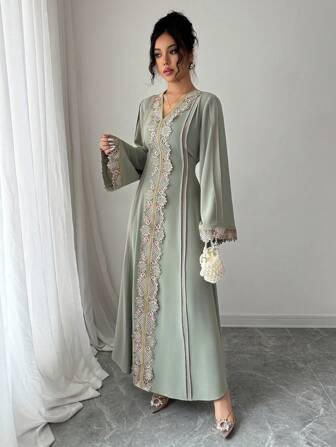 Rafferiza 女士宽松V领荷叶边下摆长袖长袍，土耳其长袍，阿拉伯长袍