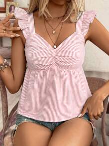 Poéselle Top de manga corta con estampado de mariposa y textura de lino a rayas, con pliegues en el pecho y ajuste holgado, en color liso veraniego, para vacaciones de verano, cómoda, estilo bohemio, para mamá, Top de traje de baño