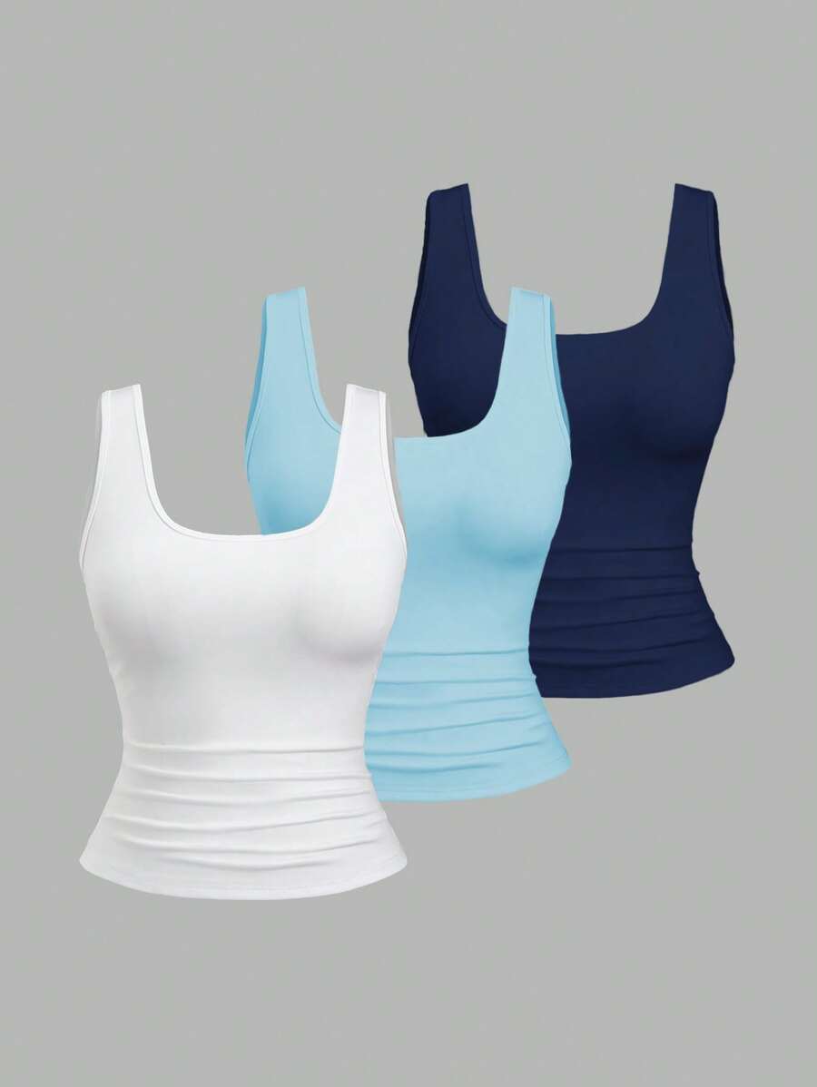 Flirla Camiseta sin mangas holgada de cuello cuadrado y plisada para mujer de talla grande para el verano - Multicolor - Ver 1