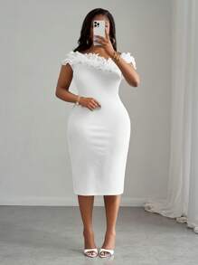 Veslaya Robe moulante blanche élégante pour soirée avec encolure en V, volants, dos nu, adaptée pour le printemps/été - Soirée - Blanc - Voir 5