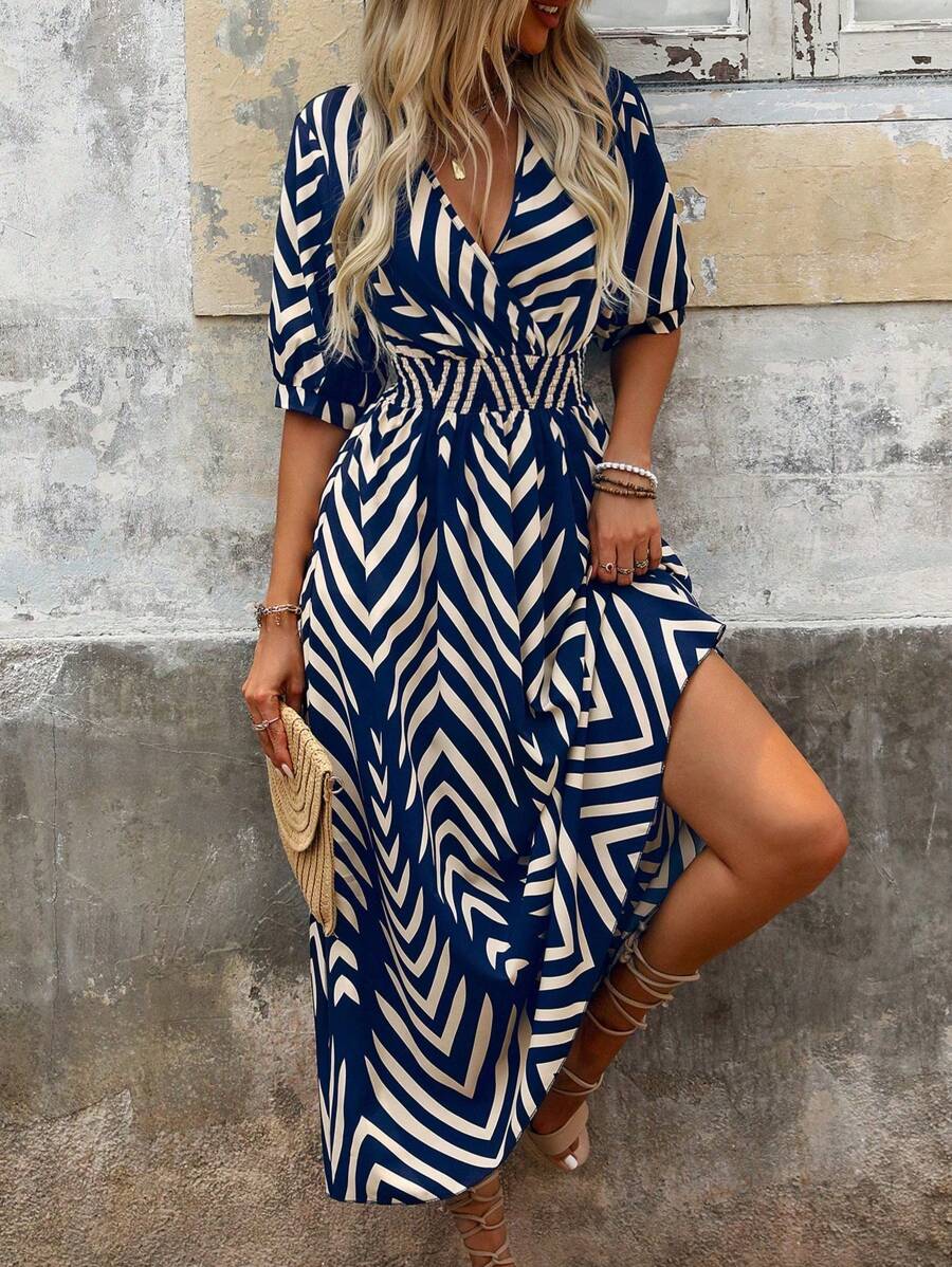 SHEIN Tall Váy chữ A dài vừa phải in họa tiết lá mùa xuân/hè mới cho nữ, cổ chữ V, eo cao, tay bồng - Nhiều màu - Xem 1