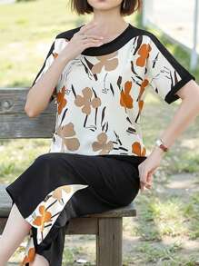 INAWLY 2pcs/Set Plus Size Women Clover & Floral Mesh Patchwork Short Sleeve T-Shirt And Elastic Waist Cropped Pants Set - Multicolor - View 4