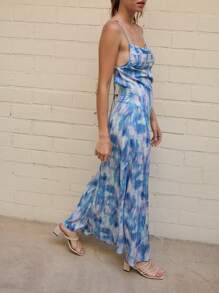 Nöista Vestido largo maxi fluido azul claro de verano para vacaciones tropicales, con estampado abstracto, tirantes finos, escote drapeado, elegante para eventos formales y graduación - Multicolor - Ver 5