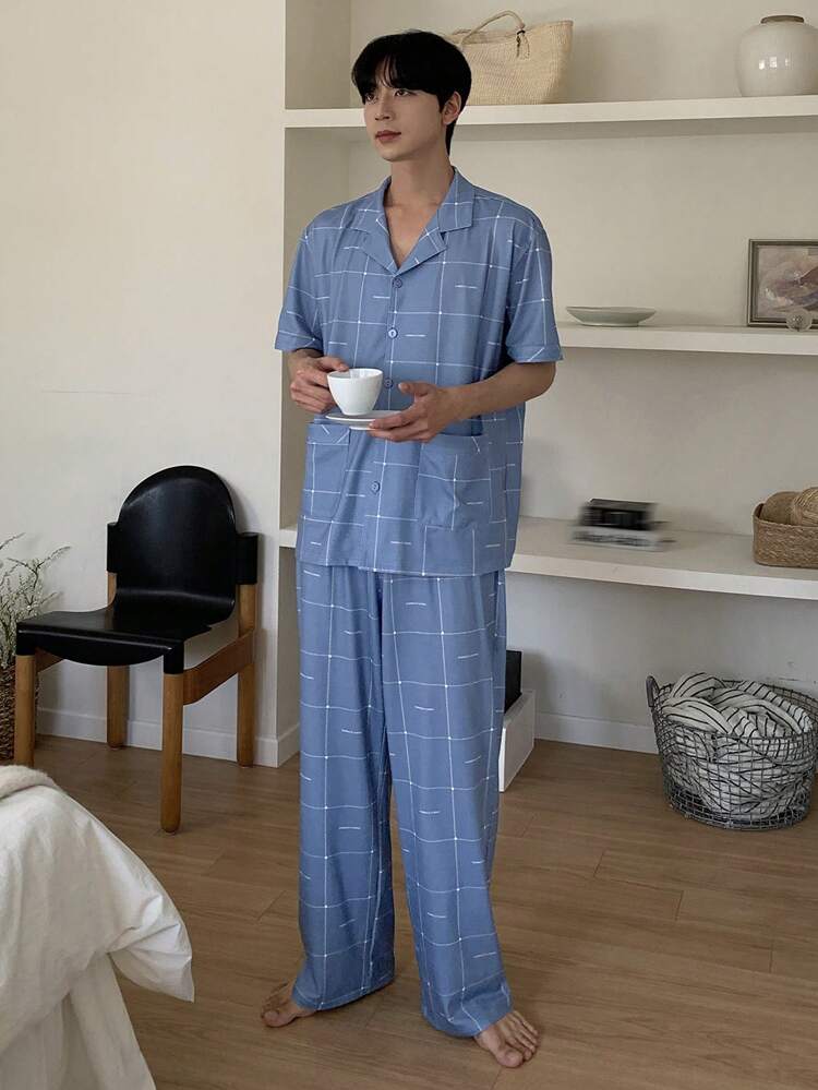 Men's Summer Letter & Plaid Print Pajama Set