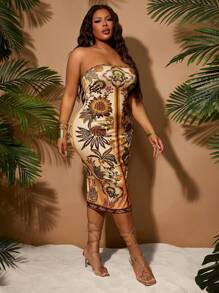 SHEIN SXY Robe fourreau près du corps élégante et sexy pour femme grande taille, avec imprimé floral, botanique et totem, convient pour le port quotidien au printemps et en été - Multicolore - Voir 3