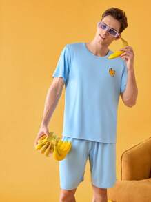 Happy Jammies Elastic Embroidery Round Neck Casual Short Sleeve T-Shirt, Men's Homewear Set