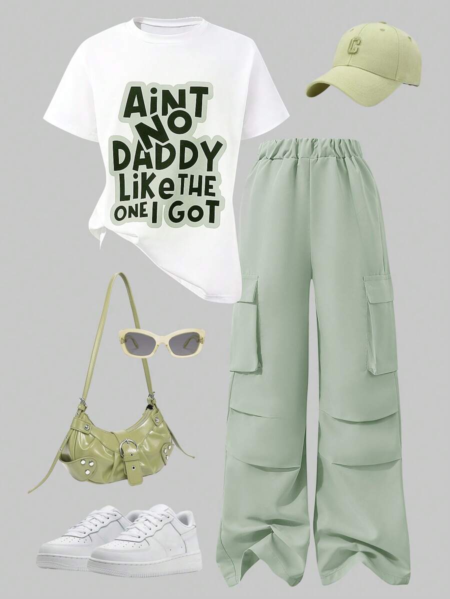 SHEIN 2 件套青少年女孩闪光粉色字母印花短袖 T 恤和工装口袋长裤春夏休闲街头装 - 薄荷綠 - 查看 1