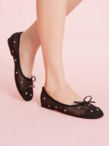 CUCCOO DOLLMOD Designer Rhinestone Decor V-Cut Square Toe Black Flat Shoes, Soft & Comfortable Cloud-Like Design, Versatile Casual Elegant Women Flats, Red Color, Mary Jane Style, Suitable For Dating, Valentine's Day - Black - View 4