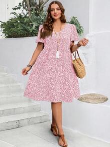 EMERY ROSE Plus Size Women's Summer Ditsy Floral Ruffle Sleeve Holiday Dress,Sun Dresses For Women - Coral Pink - View 5