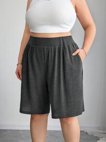 SHEIN CURVE+ 2pcs Plus Size Women Black & Gray Knee-Length Shorts Set, Loose Bermuda Shorts, Casual Vacation & Daily Wear - Multicolor - View 3