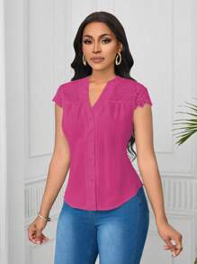 SHEIN Unity Women's Elegant Lace Patchwork Wave Short Sleeve Blouse - Hot Pink - View 5