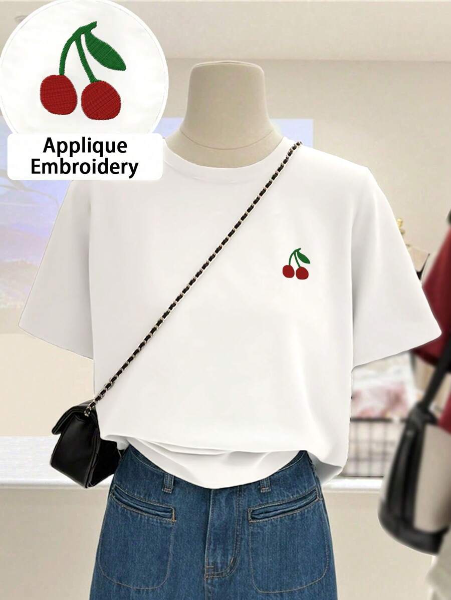 INAWLY Women Cherry Print Round Neck Short Sleeve Casual T-Shirt - White - View 1