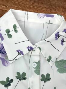 SHEIN LUNE Plus Size Summer Casual Floral Print Button Front Short Sleeve Blouse - Multicolor - View 3