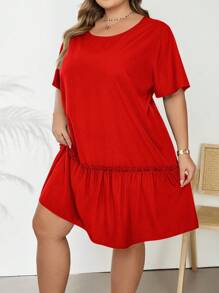 SHEIN CURVE+ Plus Size Women's Solid Color Ruffle Hem Dress, Casual Summer Resort Stylebeach Outfits For Woman/Beach Dress/Beach Vacation Outfits/Beach Essentials / Graduation/Tea Party Dress - Orange - View 6