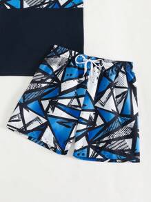 Tween Boys Geometric Print Swimsuit Set,Short-Sleeved Top + Printed Beach Shorts Two-Piece Set,Surfing Suit