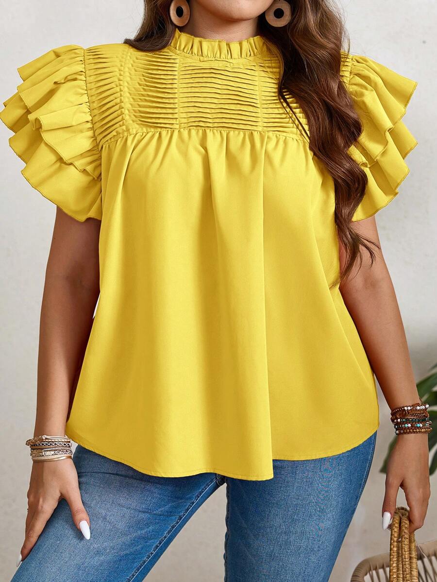 SHEIN LUNE Áo cánh tay lửng hai lớp màu trơn thường ngày cỡ lớn cho nữ - Màu vàng - Xem 1