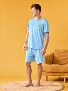 Happy Jammies Elastic Embroidery Round Neck Casual Short Sleeve T-Shirt, Men's Homewear Set
