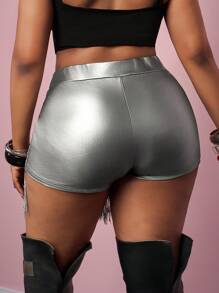 Slaydiva SLAYR PLUS Music Festival Black Fringe PU Elastic Knit Mini Shorts, Plus Size
