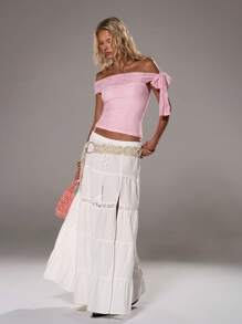 TRNVIE Romantic Lace Pink Off-Shoulder Women T-Shirt, Spring/Summer - Pink - View 6