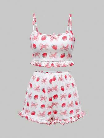 Kawaii Conjunto de ropa de dormir de tirantes con volantes con diseño de fresa y moño para mujer, de uso casual en verano